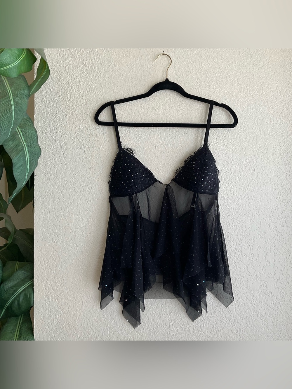 Rampage black polka dot mesh cami top with sequins and lace details. Size L